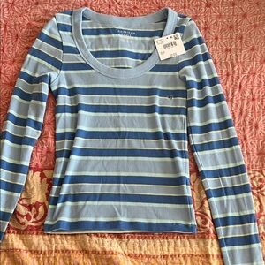 American Eagle Outfitters Blue and White Striped Crop Top Size: XS